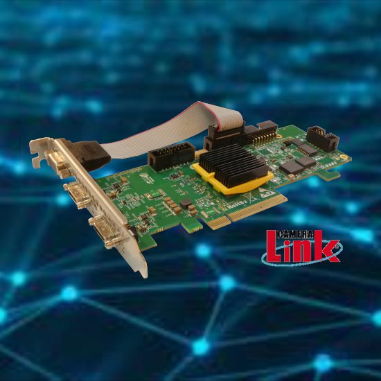 Gidel HawkEye-CL PCIe Camera Link Frame Grabber displayed against a digital network connectivity background