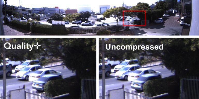 Side-by-side comparison demonstrating high quality image compression using Gidel Quality+ technology. The split-screen view highlights that the compressed image retains the same level of fine detail and edge sharpness as the uncompressed original.