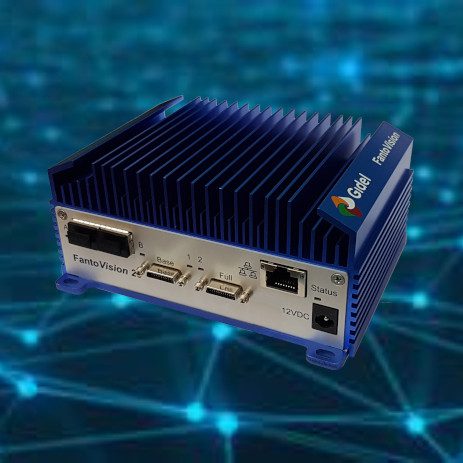 Gidel FantoVision20 10GigE Vision and Camera Link NVIDIA Jetson edge computer for Recording and Streaming applications displayed against a digital network connectivity background