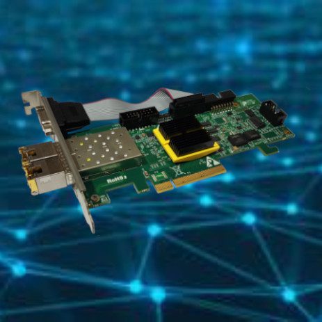 Gidel HawkEye Arria 10 FPGA acceleration platform displayed against a digital network connectivity background