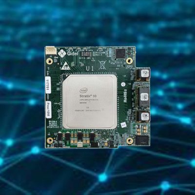 Gidel Stratix 10N and Stratix 10M FPGA modules displayed against a digital network connectivity background