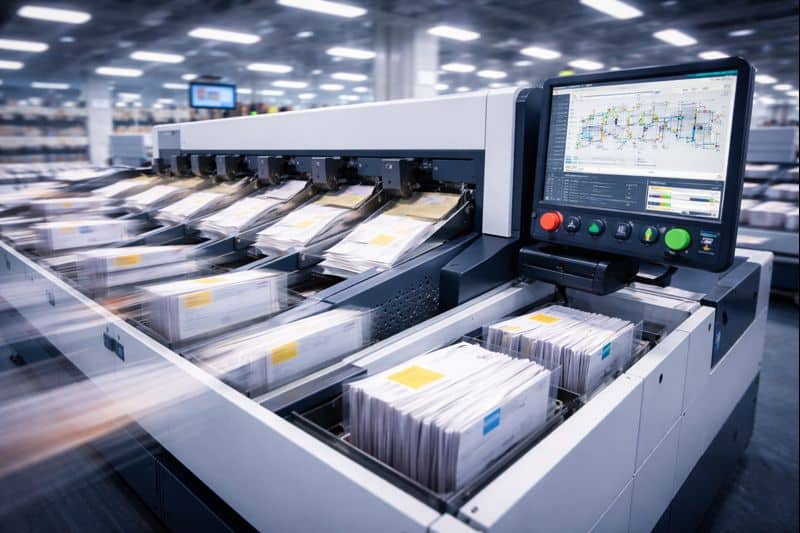 High-speed mail sorting system utilizing AOI Machines for automated inspection. The image depicts envelopes moving rapidly along a conveyor belt with a digital control interface monitoring the sorting process.