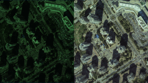 Split-screen comparison of High-Resolution Outdoor Imaging over an urban area. The left side is dark and underexposed, while the right side shows the result of Gidel's real-time enhancement, revealing clear details of buildings and roads. This ISP is using dynamic luminance balancing, demosaicing, and other image enhancements.