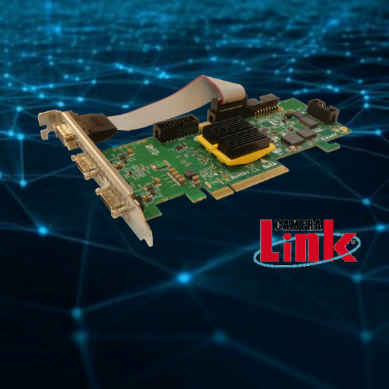 Gidel CamSim-CL for Camera Link Camera Simulations displayed against a digital network connectivity background