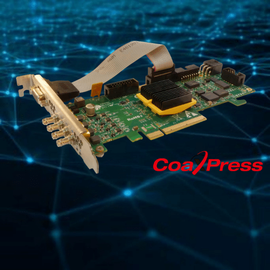 Gidel CamSim-X for CoaXPress Camera Simulations displayed against a digital network connectivity background