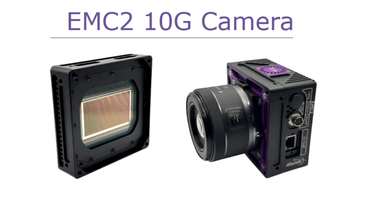 The illunis EMC2-103MP Global Shutter CMOS camera. A compact, ruggedized 10GigE camera featuring a Canon RF lens mount, designed for ultra-high-resolution imaging and aerial inspection.