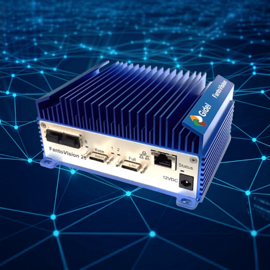 Gidel FantoVision20 Edge AI: Jetson Orin dual interface frame Grabber system with Dual 10 GigE Vision and Camera Link FPGA Frame Grabber displayed against a digital network connectivity background