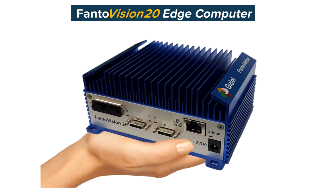 Gidel FantoVision20 Edge Computer held in a hand to demonstrate its compact size. A ruggedized, low-SWaP FPGA-based system designed for real-time image processing and AI acceleration in airborne and mobile platforms.