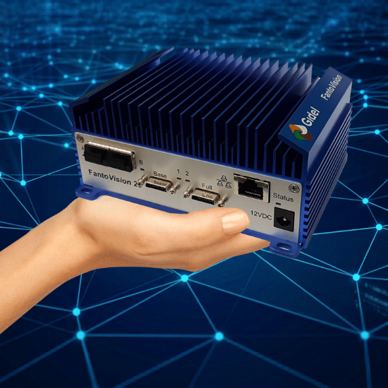 A hand holding the ultra-compact FantoVision20 Edge AI Vision system designed for high-speed acquisition and real-time processing, displayed against a digital network connectivity background