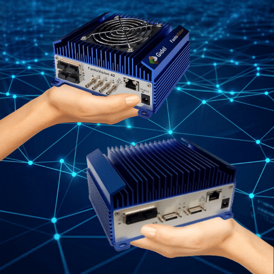 Gidel FantoVision Edge AI: Jetson Orin with Quad CoaXPress 12 links, Dual10 GigE Vision and Camera Link FPGA Frame Grabber for imaging & vision applications displayed against a digital network connectivity background with Hand