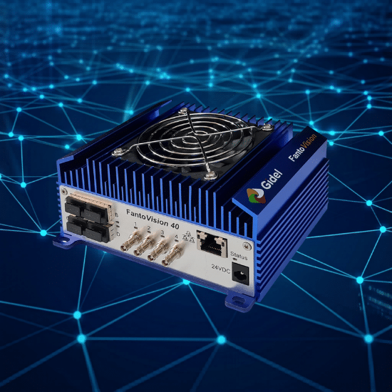 Gidel FantoVision40-CXP12 Edge AI: Jetson Orin with Quad CoaXPress 12 links and optional Quad 10 GigE Vision FPGA Frame Grabber for imaging & vision applications displayed against a digital network connectivity background