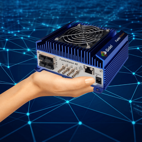 A hand holding the ultra-compact FantoVision40 Edge AI Vision system designed for high-speed acquisition and real-time processing, displayed against a digital network connectivity background