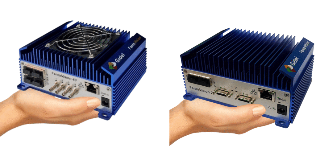 A hand holding the compact FantoVision unit, showcasing Gidel’s first heterogeneous Jetson FPGA embedded vision systems which combine NVIDIA Jetson Orin NX with FPGA acceleration.
