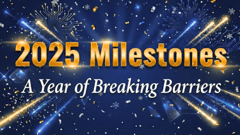 Gidel 2025 Milestones: A Year of Breaking Barriers celebratory banner featuring gold text, digital circuit patterns, and fireworks.