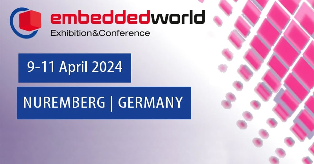 Event banner for embedded world 2024 in Nuremberg (April 9–11). Gidel will be showcasing the Gidel Embedded Vision Platform at booth 2-559, featuring FantoVision edge computers and real-time FPGA image processing solutions.