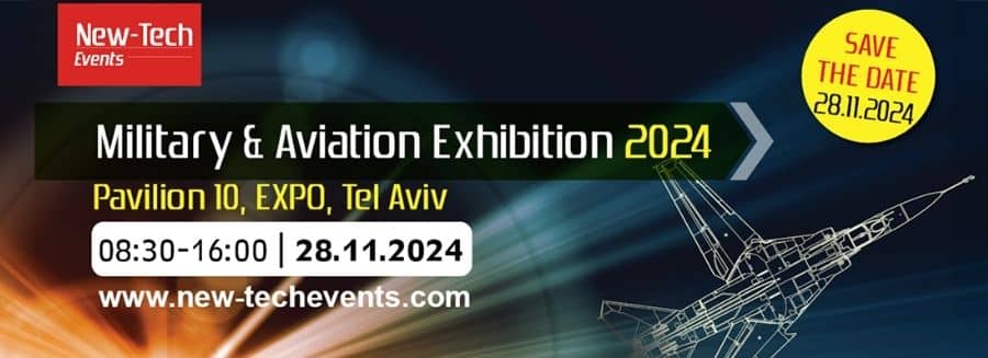 Event banner for the Gidel Military Aviation 2024 exhibition participation. The graphic features a wireframe fighter jet and event details: November 28, 2024, at Pavilion 10, Expo Tel Aviv.