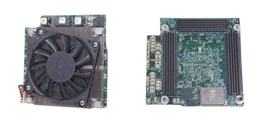 Gidel Proc10N FPGA module powered by the Intel Stratix 10 NX. The image displays the compact, high-performance unit with active cooling and high-density connectors, designed for AI acceleration and vector processing.