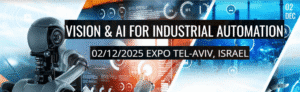 Banner for the Gidel Vision & AI 2025 exhibition featuring a robotic arm and digital automation graphics. Text announces the event at Expo Tel-Aviv on Dec 2, 2025, where Gidel will showcase SkyBoost and FantoVision FPGA technologies.