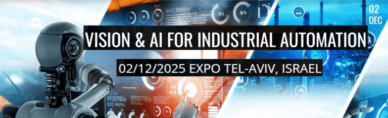 Banner for the Gidel Vision & AI 2025 exhibition featuring a robotic arm and digital automation graphics. Text announces the event at Expo Tel-Aviv on Dec 2, 2025, where Gidel will showcase SkyBoost and FantoVision FPGA technologies.
