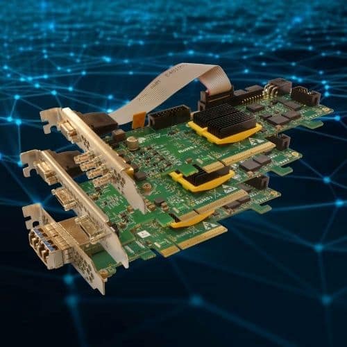 Gidel HawkEye GigE Vision, CoaXPress and Camera Link PCIe Frame Grabbers family displayed against a digital network connectivity background