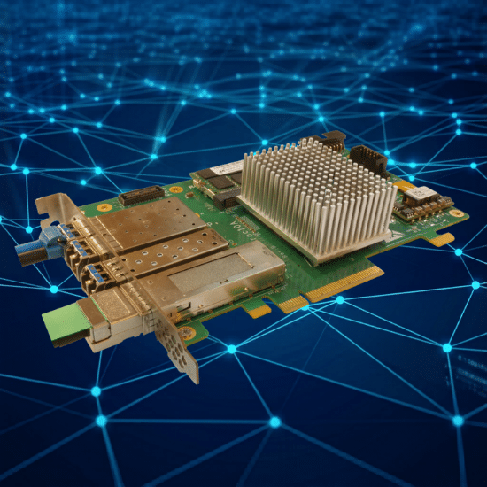 Gidel Proc10A-40GigE: Quad 10 GigE Vision Frame Grabber displayed against a digital network connectivity background