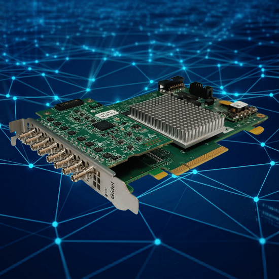 Gidel Proc10A-CXP displayed against a digital network connectivity background
