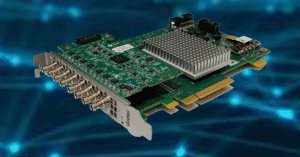 GIdel Proc10A-CXP: Octo CXP6 links Frame Grabber displayed against a digital network connectivity background.