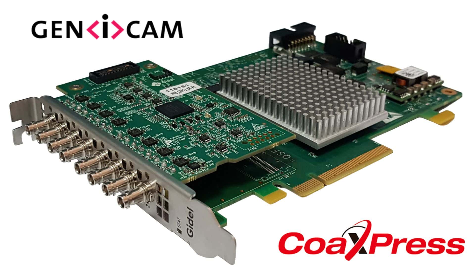 Gidel Proc10A-CXP6: Octo CXP6 links Frame Grabber displayed against a digital network connectivity background
