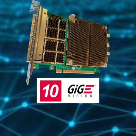 Gidel Proc1C10M displayed against a digital network connectivity background