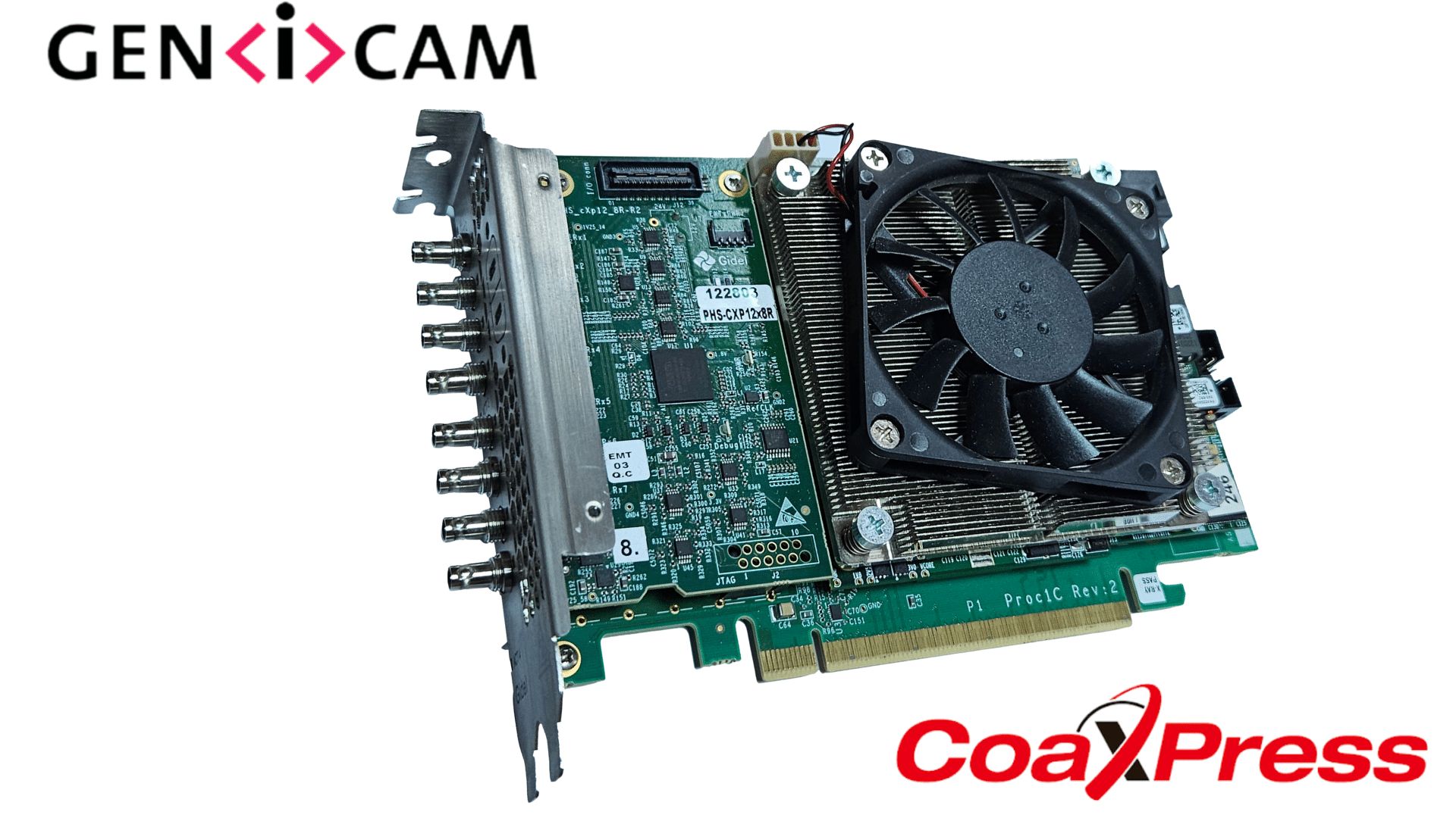 Gidel CXP 12 Frame Grabber Proc1C10N-CXP12: Octo CXP12 links Frame Grabber with AI tensor blocks displayed against a digital network connectivity background