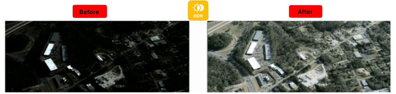 Split-screen comparison of High-Resolution Outdoor Imaging over an urban area. The left side is dark and underexposed, while the right side shows the result of Gidel's real-time enhancement, revealing clear details of buildings and roads.