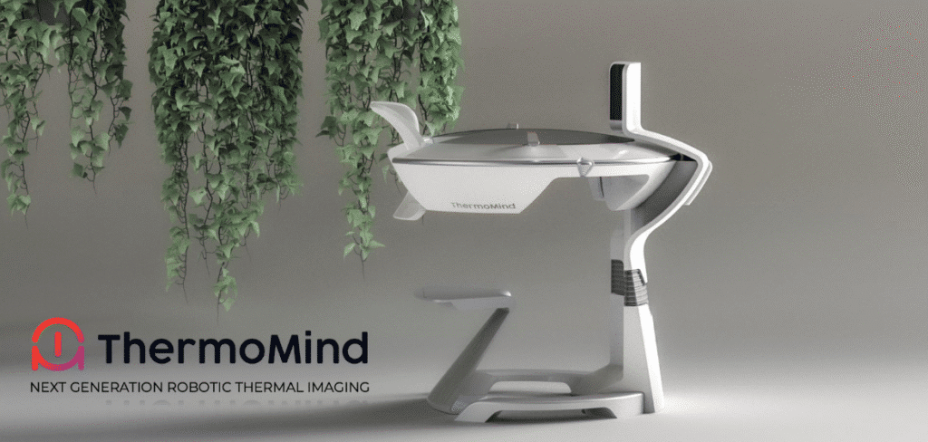 ThermoMind Vision One, a next-generation breast cancer screening device utilizing robotic thermal imaging. The futuristic, contact-free design is powered by Gidel FantoVision for real-time, high-resolution multimodal data acquisition.
