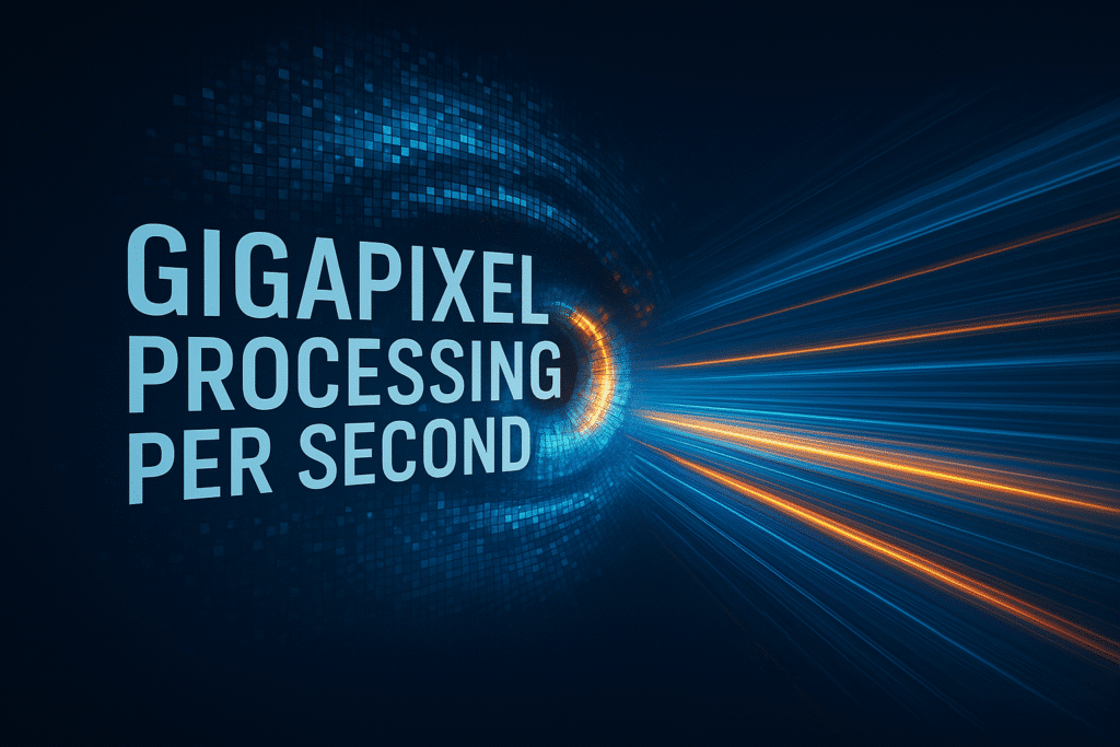 Digital graphic displaying the text 'GIGAPIXEL PROCESSING PER SECOND' with streaming light effects, representing the massive data throughput handled by high-speed image Acquisition systems.